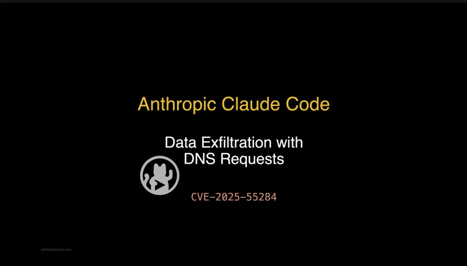 A slide reading 'Anthropic Claude Code Data Exfiltration with DNS Requests'